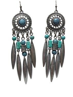 Silver Tone Dream Catcher Dangle Earrings Hooks Medallion Faux Turquoise Hook 3"